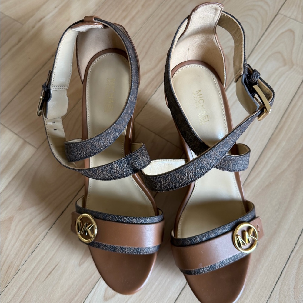 Michael Kors Brown Leather & Logo-Strap Heeled Sandals